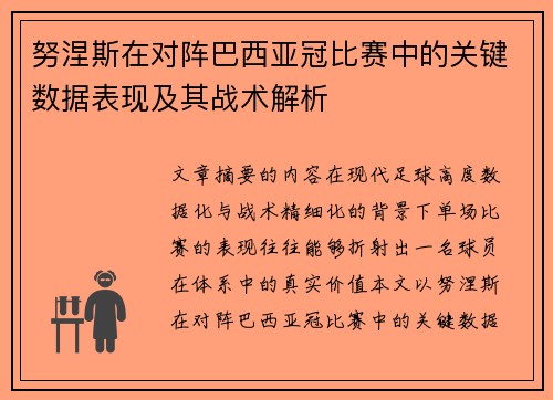 努涅斯在对阵巴西亚冠比赛中的关键数据表现及其战术解析